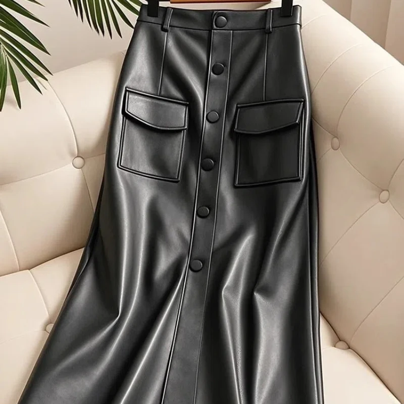 

Юбка-юбка из искусственной кожи большого размера для женщин с зимней юбкой средней длины, закрывающая бедра Юбка-трапеция