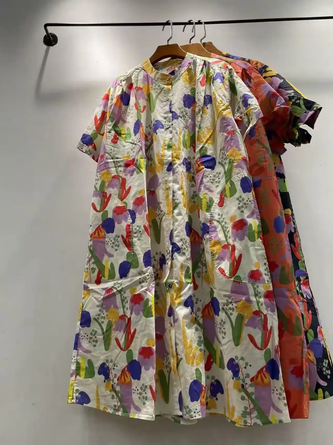 

2026 Harajuku fashion white orange navy blue cartoon print shirt dress for women summer 100% cotton single-breasted dress