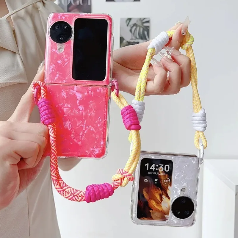 

for OPPO Find N2 FLIP N3 Flip Korean Candy Color Luxury Shell Pattern Colorful Portable Rope foldable Phone Case Back Cover
