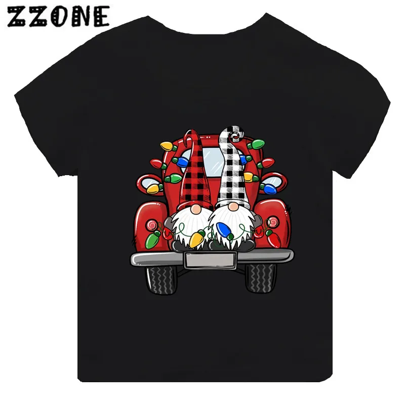 T-shirt noir à manches courtes pour enfants, joyeux Noël, gnome, cerf, père Noël, imprimé, drôle, vêtements pour filles, bébé, garçons, enfants, Y, TH5865