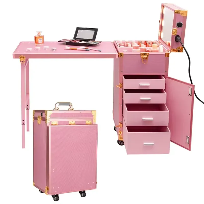 Portable Foldable Manicure Table Rolling Suitcase with Speaker 3 Color Light for Nail Tech Pro D0100X38NJT