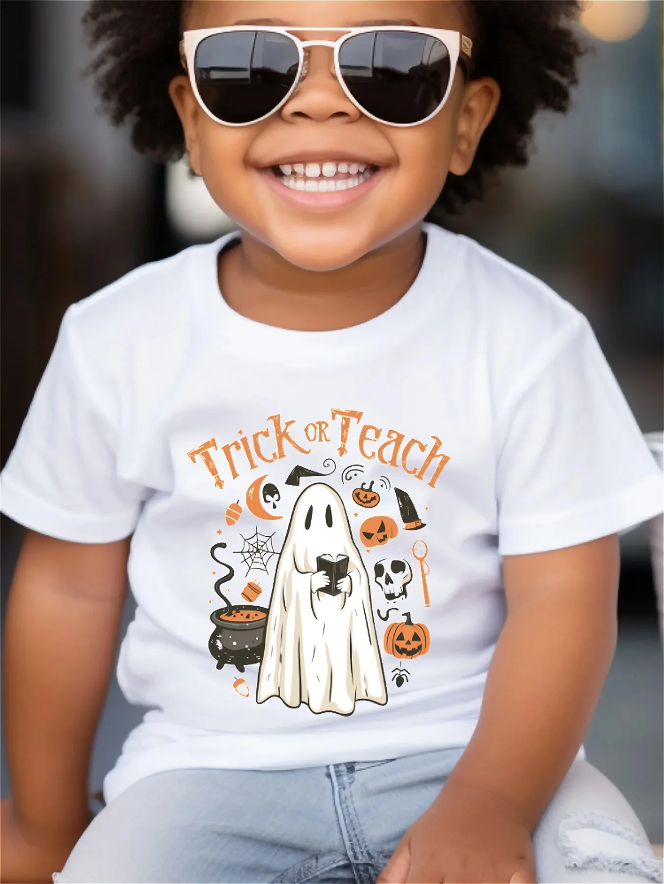 Halloween boys' T-shirt trick or treat letter print little ghost pattern print versatile breathable round neck short sleeved top