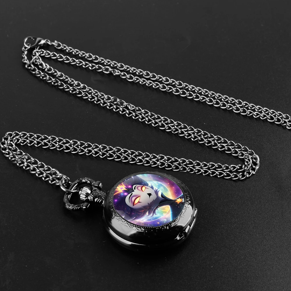 Hot Cartoon Helluva Boss Glass Dome Pocket Watch with Chain Necklace Vintage Quartz Pendant Watches Mens Women Gifts for Kids