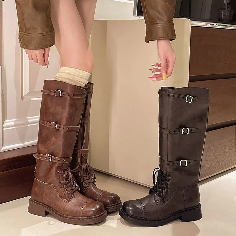 Low Heel Long Tube Knight Boots Women's Buckle Leather Boots Spring Autumn New Style Warm Round Toe Rubber Outsole PU Boots 2523