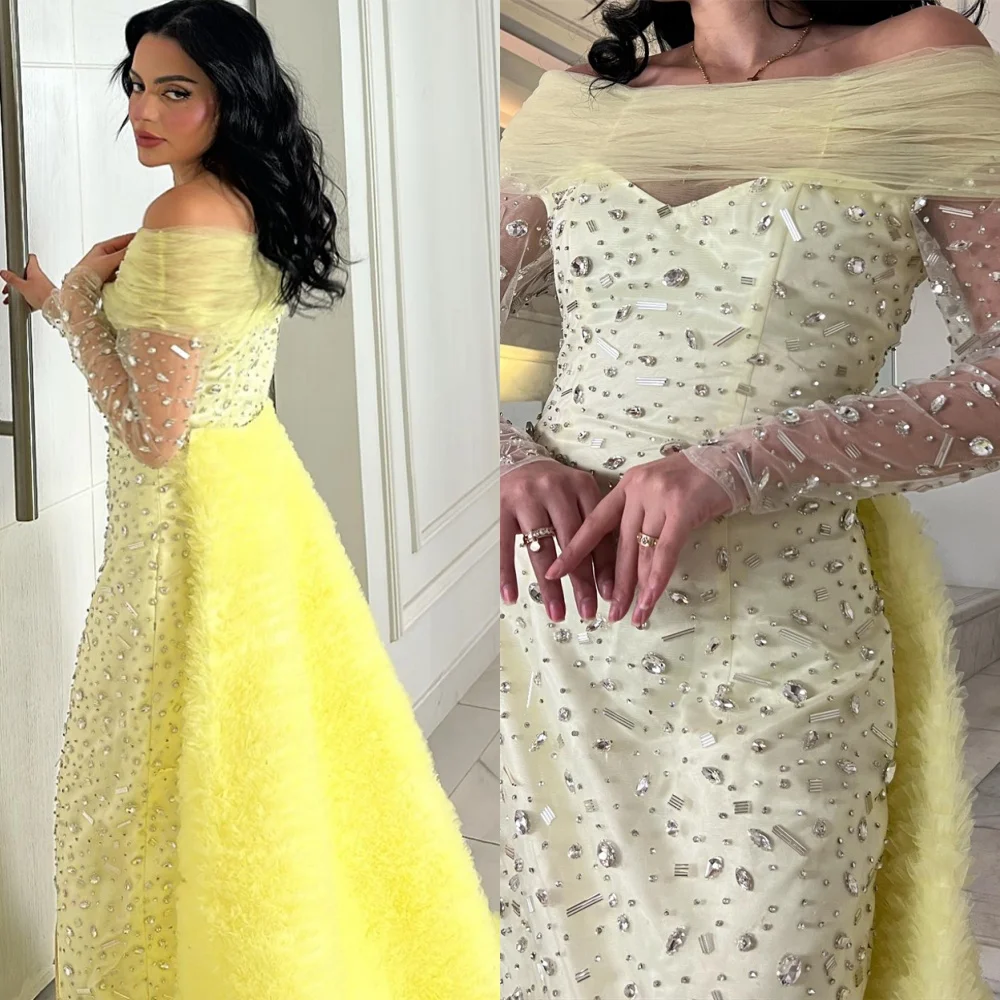 

Customized Temperament Yellow Evening Dresses Fashion Off the Shoulder Long Sleeves Homecoming Dresses High Quality Prom Dress