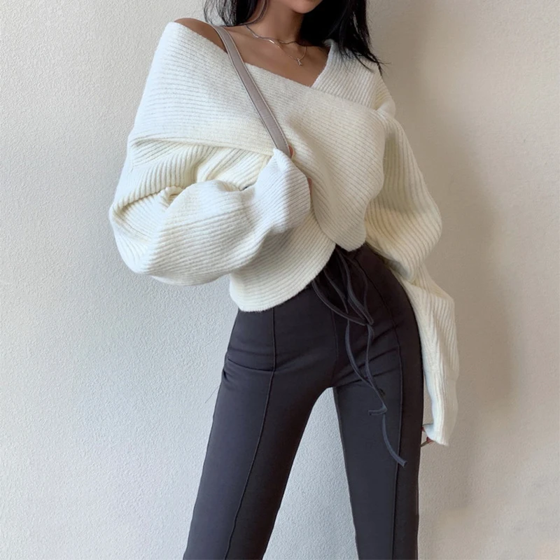 Women Winter Cross V-Neck Sweater Casual New Loose Long Sleeved Knit Pullovers Elegant Sweater TRAF Fall Warm Solid Sweater Tops