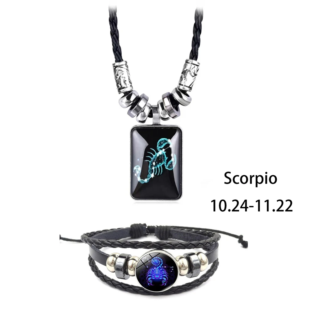 

12 Constellations Hand Woven Leather Bracelet and Moon Pendant Necklace Zodiac Sign Jewelry Set Christmas Gifts