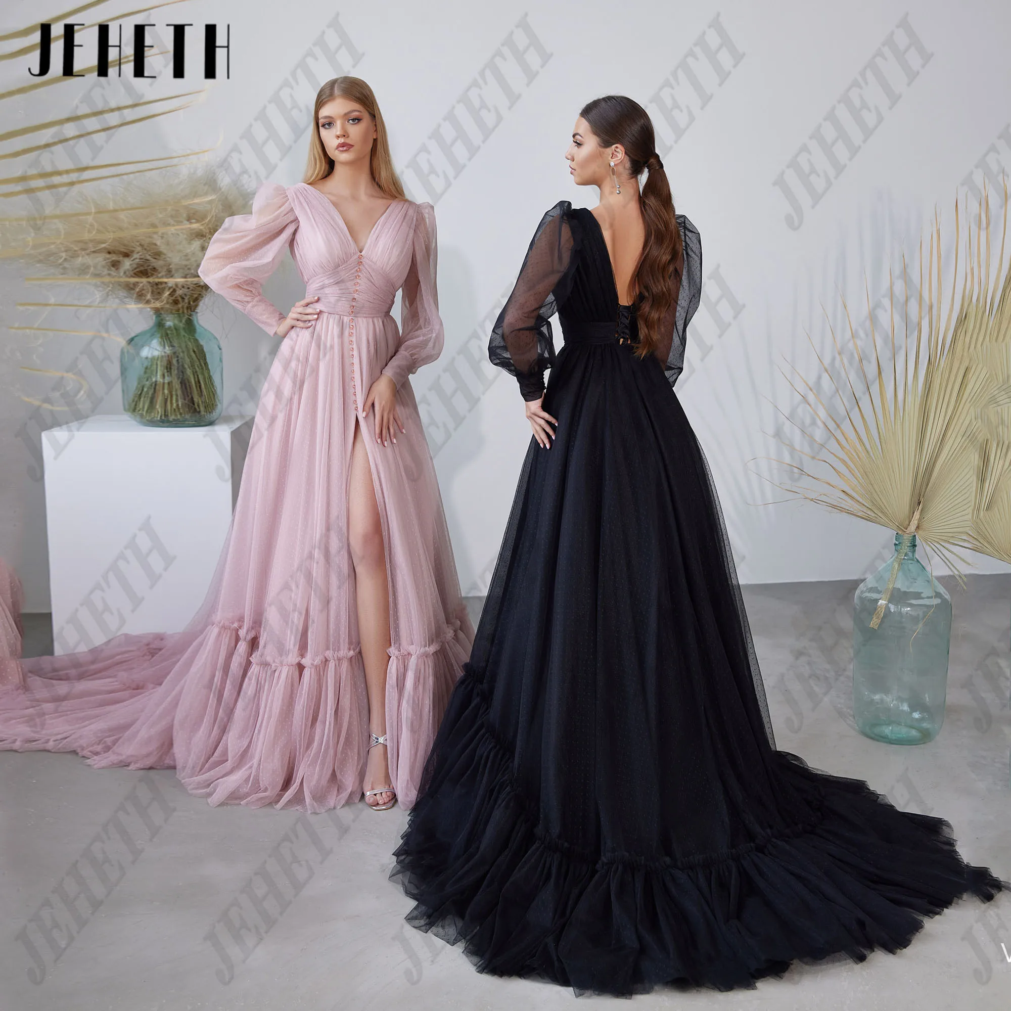 JEHETH เซ็กซี่ V คอ A-Line ชุดราตรีแขนยาว Tulle ชุดราตรีที่กําหนดเองชุดพรรค Elegant ชุดราตรี 2025 รถไฟกวาด