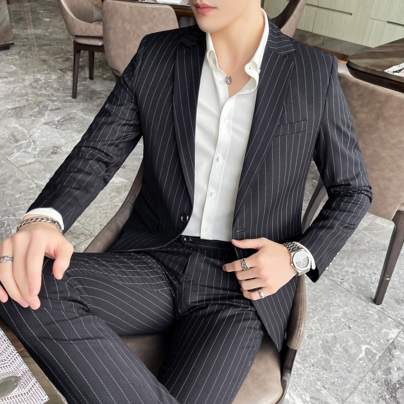 2024 Men\'s Spring and Autumn Striped Suit (suit + Trousers) Fashion Banquet All-in-one Casual Business Suit Two-piece Set  M-5XL