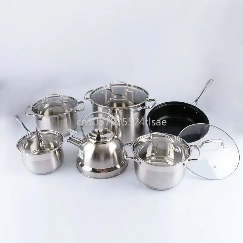 12pcs Set Stainless Steel Cookware Set Household High Quality Pot with Glass Lid and Kettle