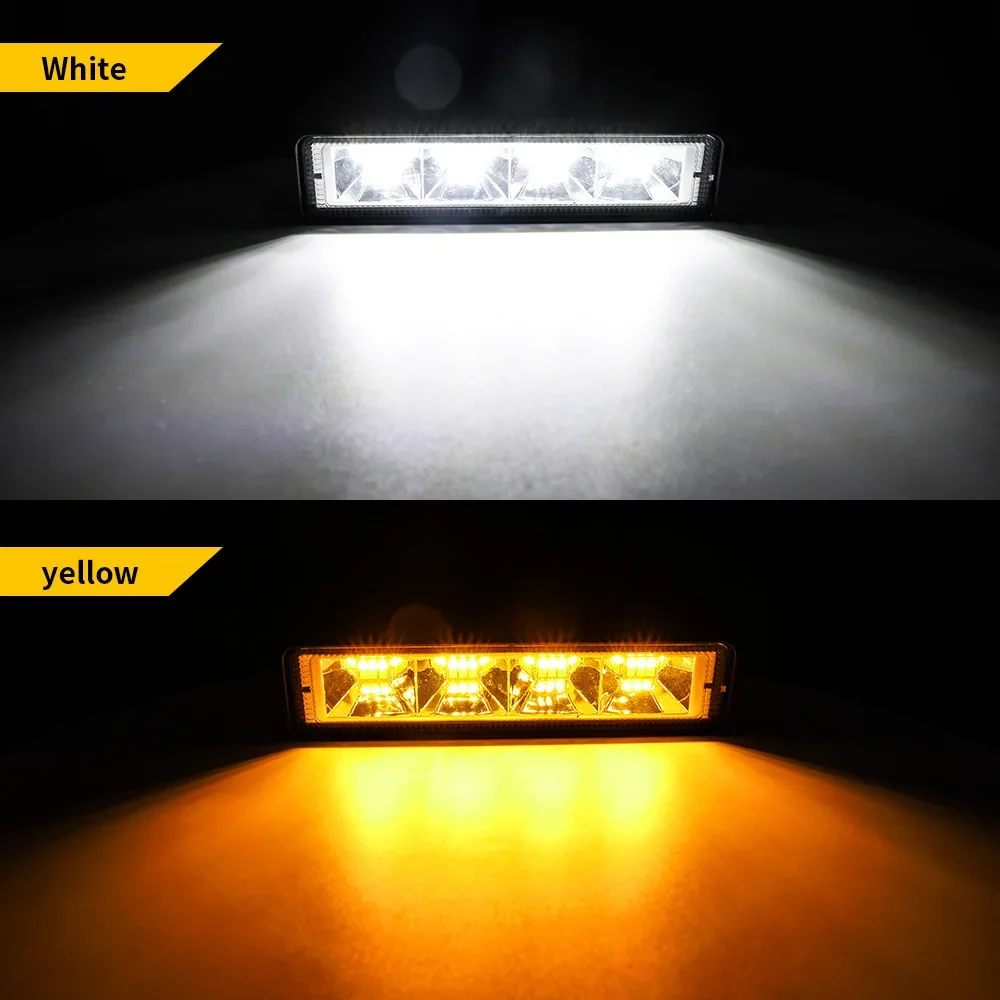 Bande de feux de travail à LED bicolore, 24LED, barre antibrouillard, blanc et jaune, lampe à iode fendue de 6 pouces, éclairage de voiture