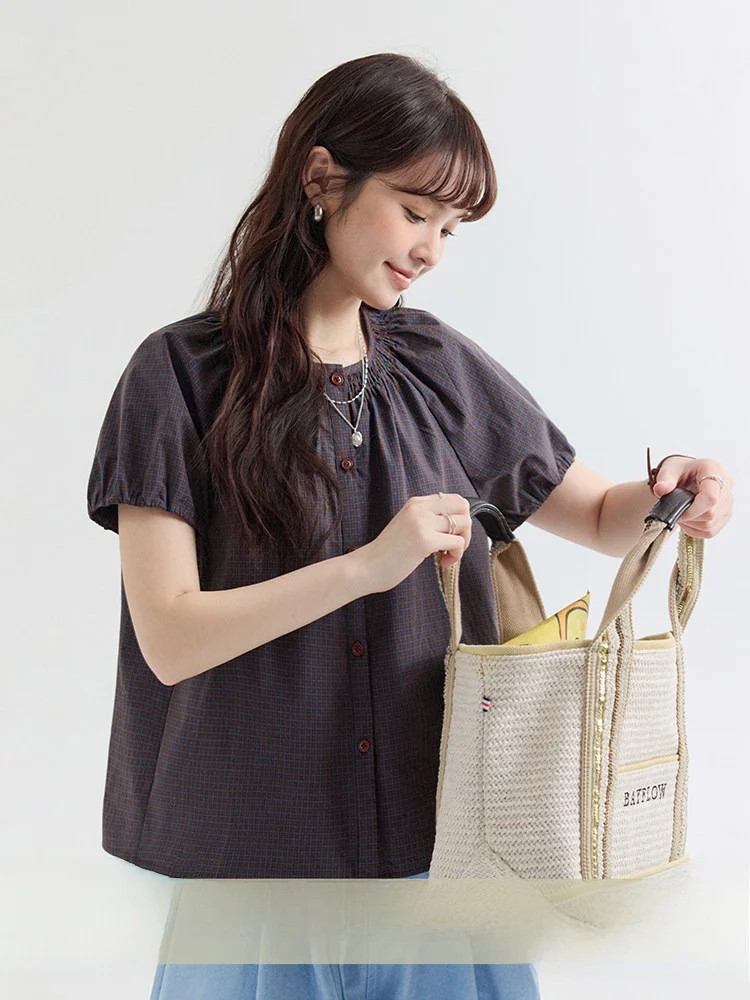 

Оригинальная хлопковая рубашка AMUU Sweet Color Block в клетку с рукавами-фонариками, женская летняя новинка, топ с круглым вырезом в корейском стиле, свободный крой