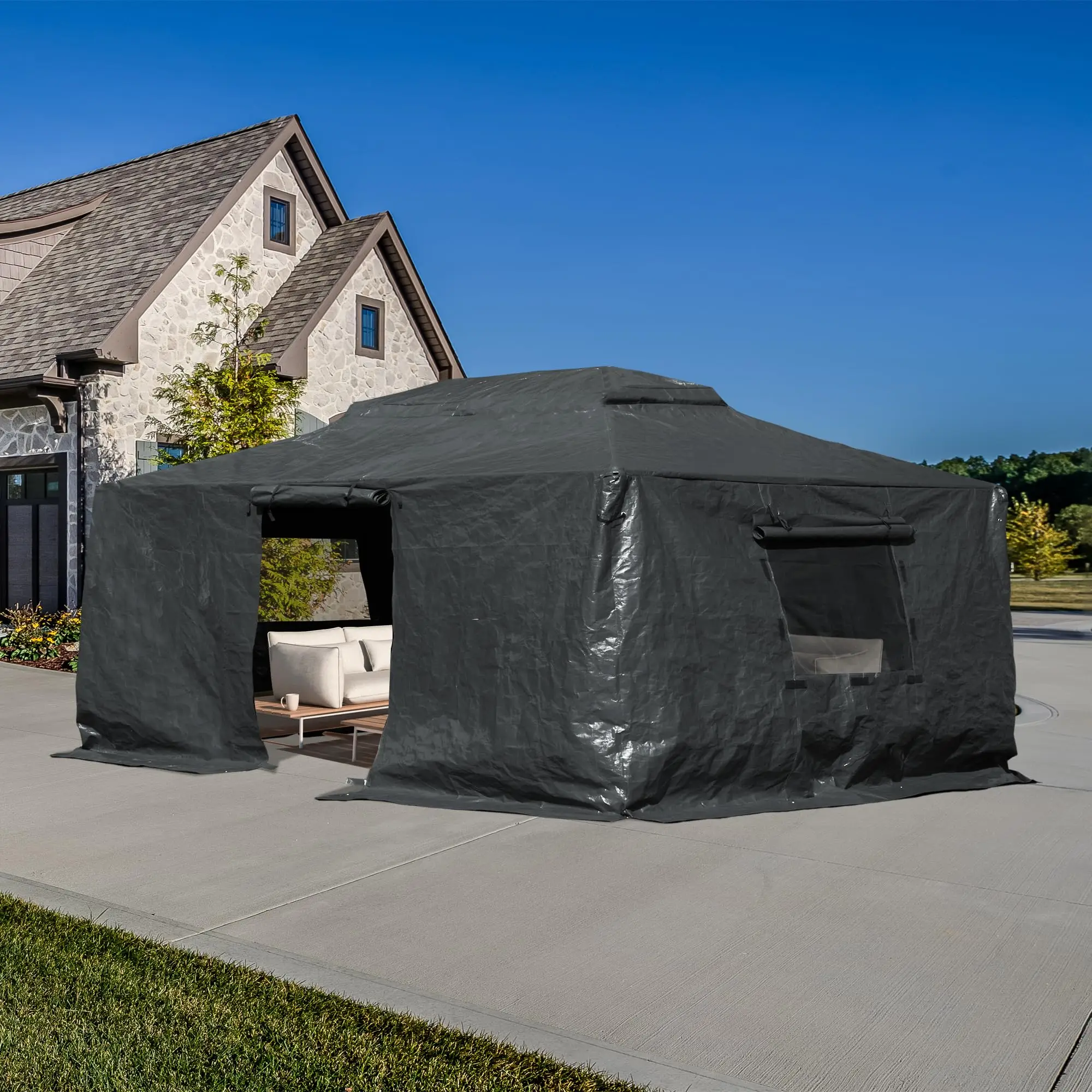 Domi 12' x 16' Winter Gazebo Cover, All Season Universal Waterproof Enclosed Cover with Sidewalls & Mesh Windows for
