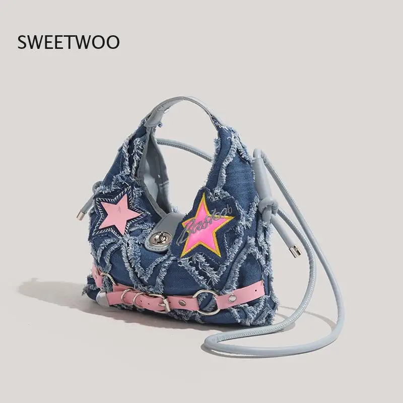 Women Y2K Denim Hobo Bag Vintage Distressed Star Patch Shoulder Bag Aesthetic Pink Star Underarm Bag Crossbody Handbag For Girls