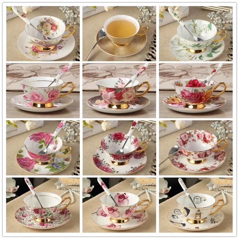 Bone China Coffee Cup and Saucer Set, European Luxurious Porcelain Drinkware, Household Office Ceramic Flower Tea Mug with Tray