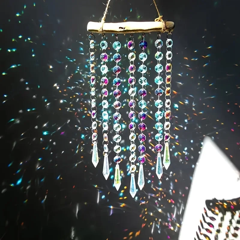 1pc Glass Suncatcher Hanging Crystal Wind Chime with Colorful Glass Bead Chains and Wooden Bead Pendant for Jewelry Making
