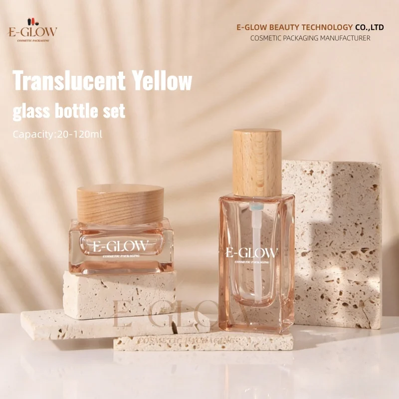 【Logo Custom】1Pcs High-end Wood Cap 100ml 50ml 50g Translucent Yellow Rectangle Glass Lotion Bottles Cream Jar Set Samples