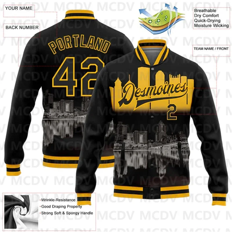 Custom Black Gold Pittsburgh Pennsylvania City Edition 3D Bomber Full-Snap Varsity Letterman Jacket