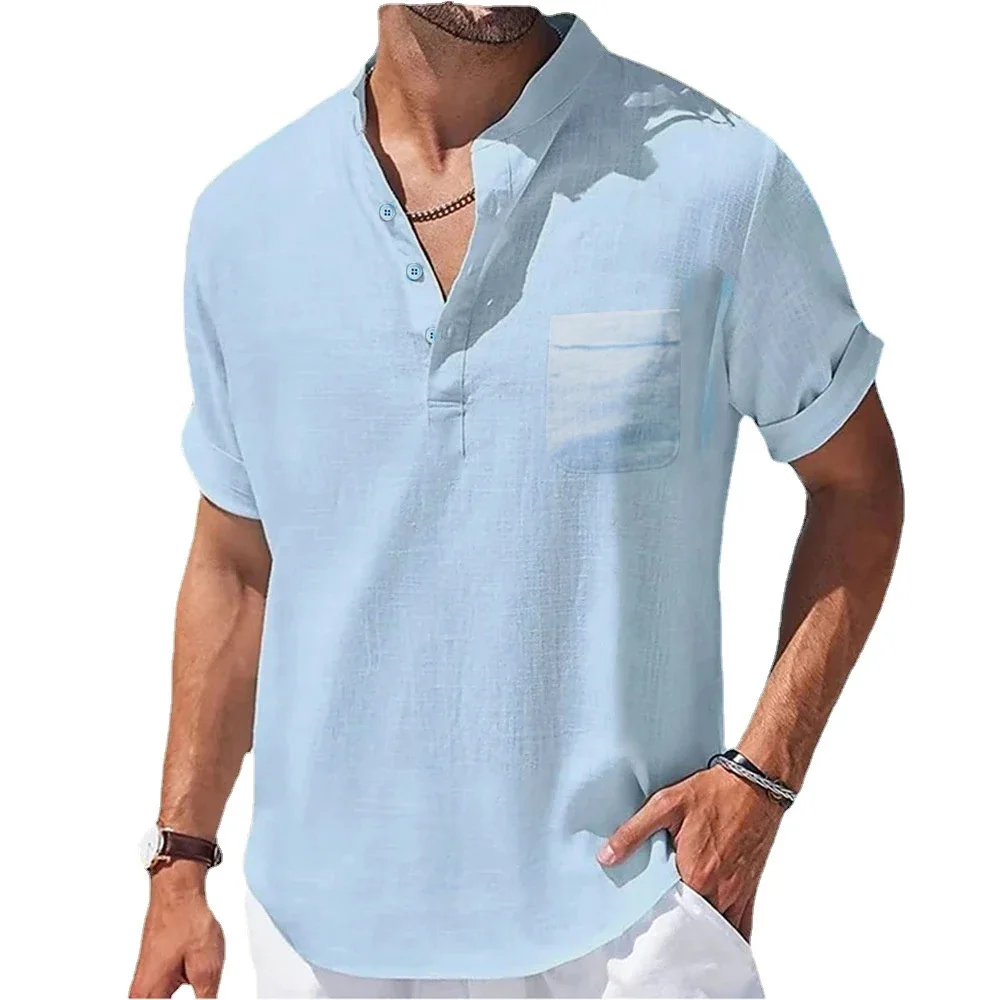 Männer Baumwolle Leinen T-shirt Henry Kragen Kurzarm Casual Tops Sommer Heißer Verkauf Leichte Mode Klassische Taste Top – Detail 6