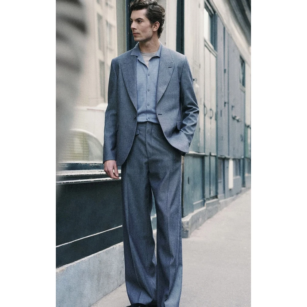 

Мужской голубой костюм большого размера из ткани премиум-класса, комплект из 2 предметов, элегантный деловой свадебный мужской костюм (пиджак и широкие брюки)