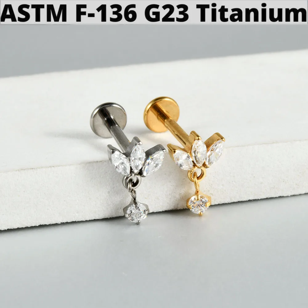 1PC G23 Titanium Marquise Zircon Labret Lip Ring Dangle Internal Thread Crown Ear Cartilage Tragus Helix Daith Body Jewelry 16G