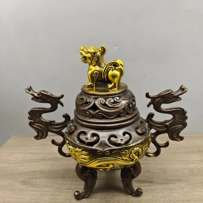 Pure gilded Pixiu , antique-style purple copper incense burner with double dragon handles and three legs, d