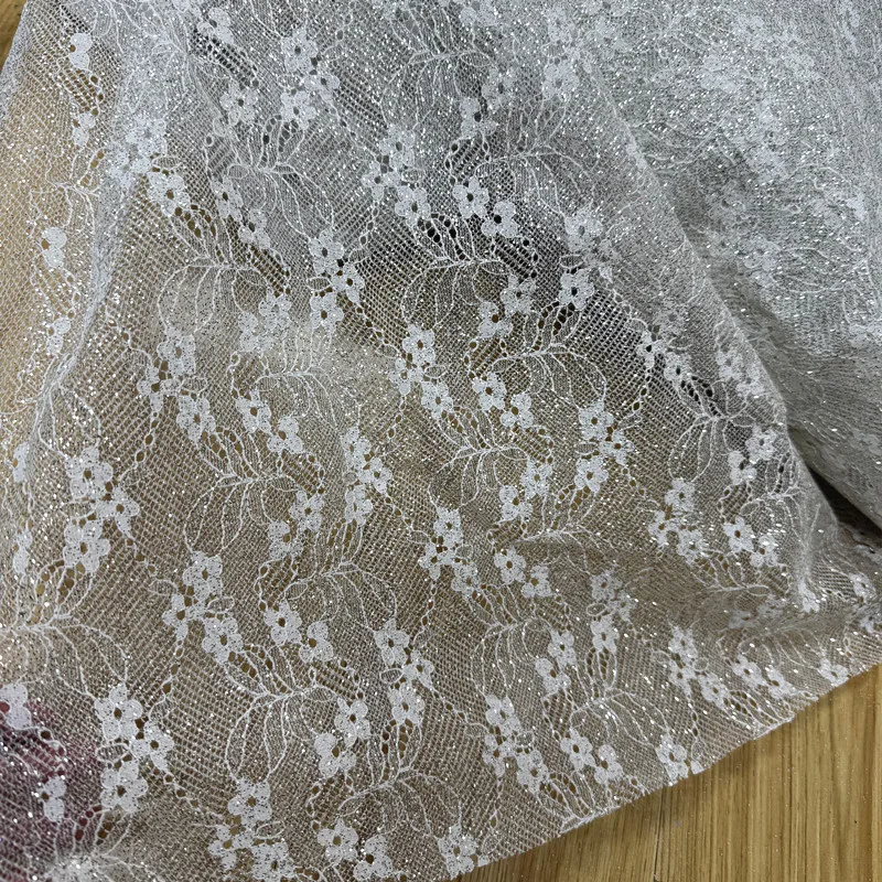 Small flower hot silver powder glitter mesh fabric for Wedding dress base design silvery lace cloth diy