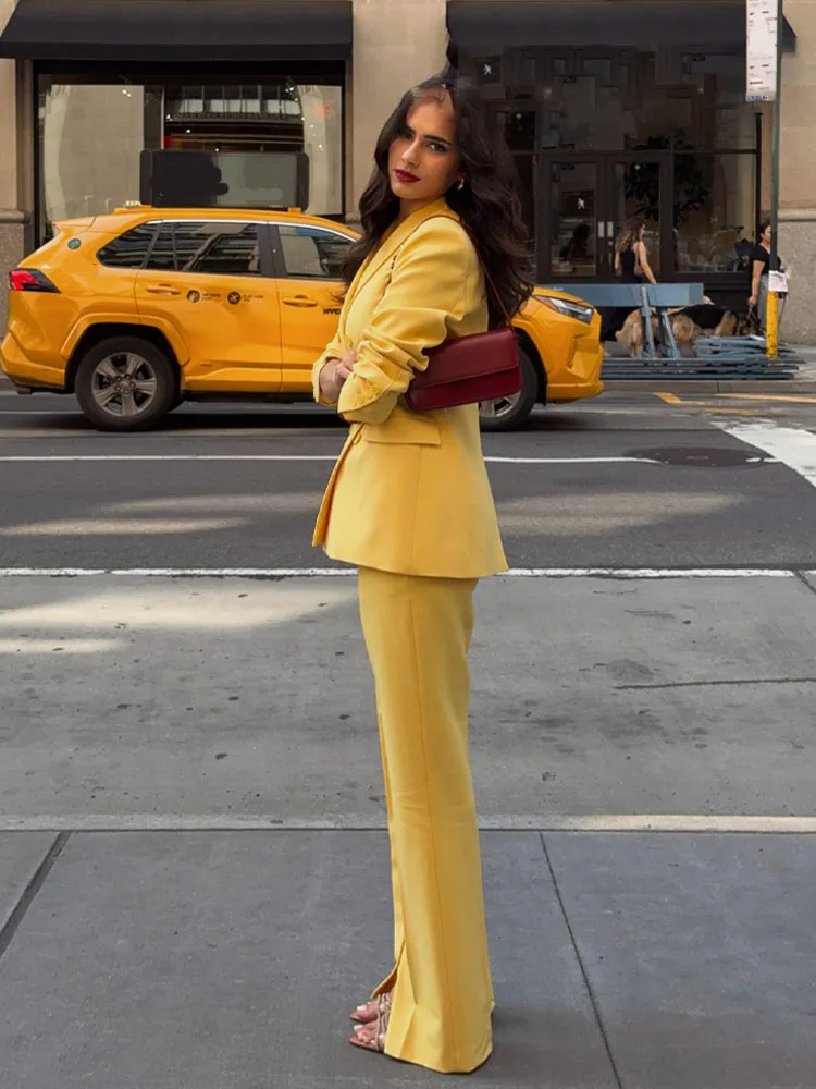 HH Conjunto amarillo para mujer, chaquetas cruzadas de manga larga con cuello vuelto + pantalones acampanados con cremallera en la cintura media, traje de primavera para mujer