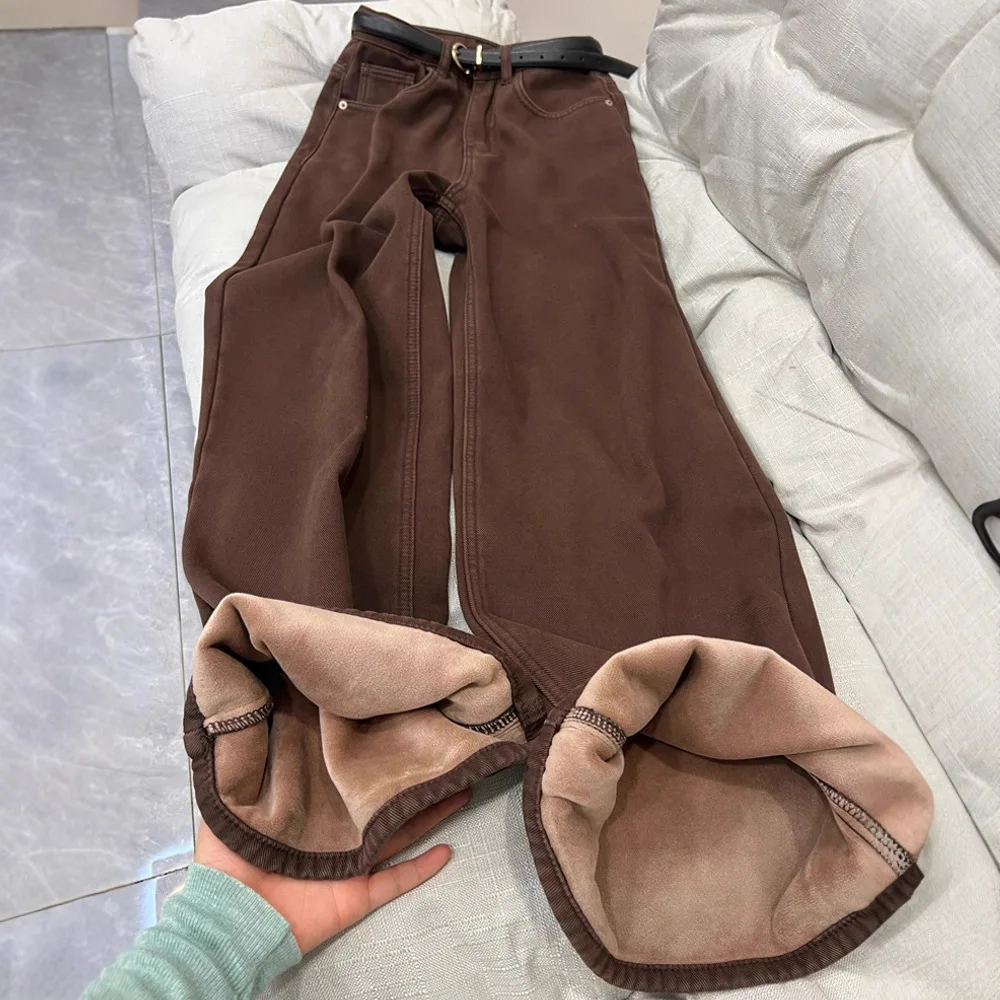 Jeans Dames Winter Wijde pijpen Losse hoge taille broek Dames Bruine pluche broek Dames Winter
