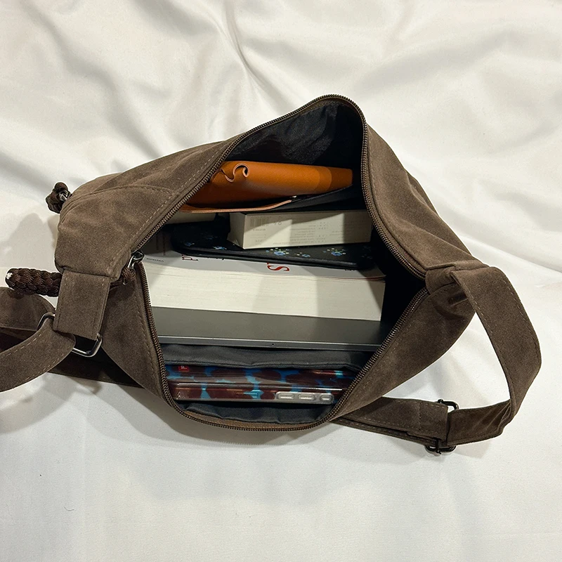 Retro Crossbody Messenger Bags For Women Faux Suede Pure Color Big Capacity Shoulder Hobo Bag 2025 Winter Latest Ladies Handbags