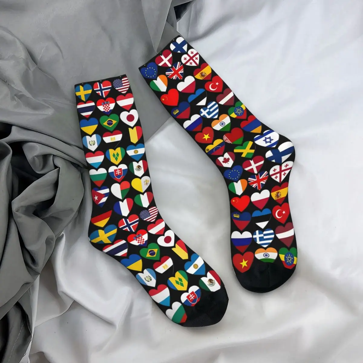 Kaus kaki motif bendera negara hati kaus kaki Fashion poliester pria wanita stoking tabung tengah musim semi musim panas musim gugur musim dingin