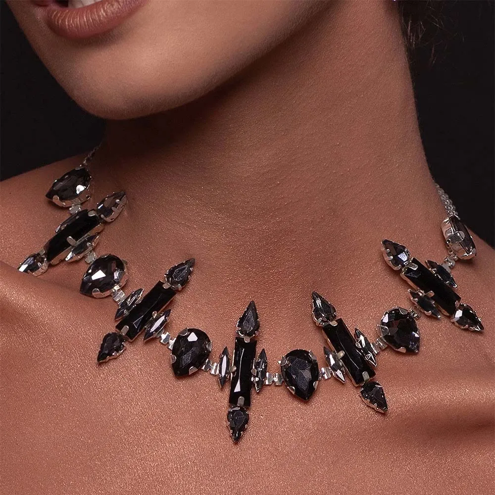 Stonefans Black Geometric Choker Chain Handmade Women Pageant Gift Fashion Necklace Teardrop Rhinestone Collar Accessories Party