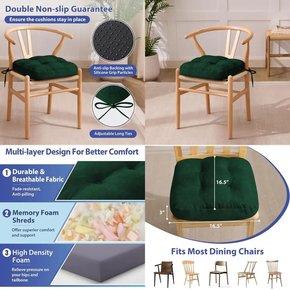 

Зеленые подушки для сидений обеденного стула 16,5 x 16,5 x 3,5 с завязками и нескользящей подложкой, набор из 6 шт.