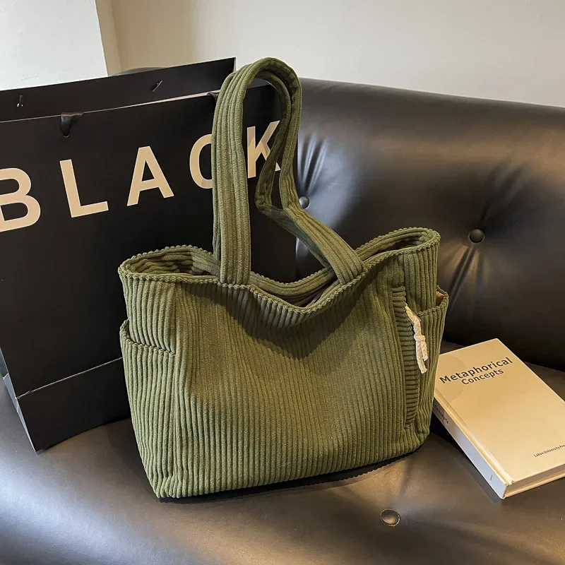 2025 Fashionable Striped Velvet Handbag Simple Style Corduroy Shoulder Bag Solid Color Large Capacity Commuting Women's Tote Bag