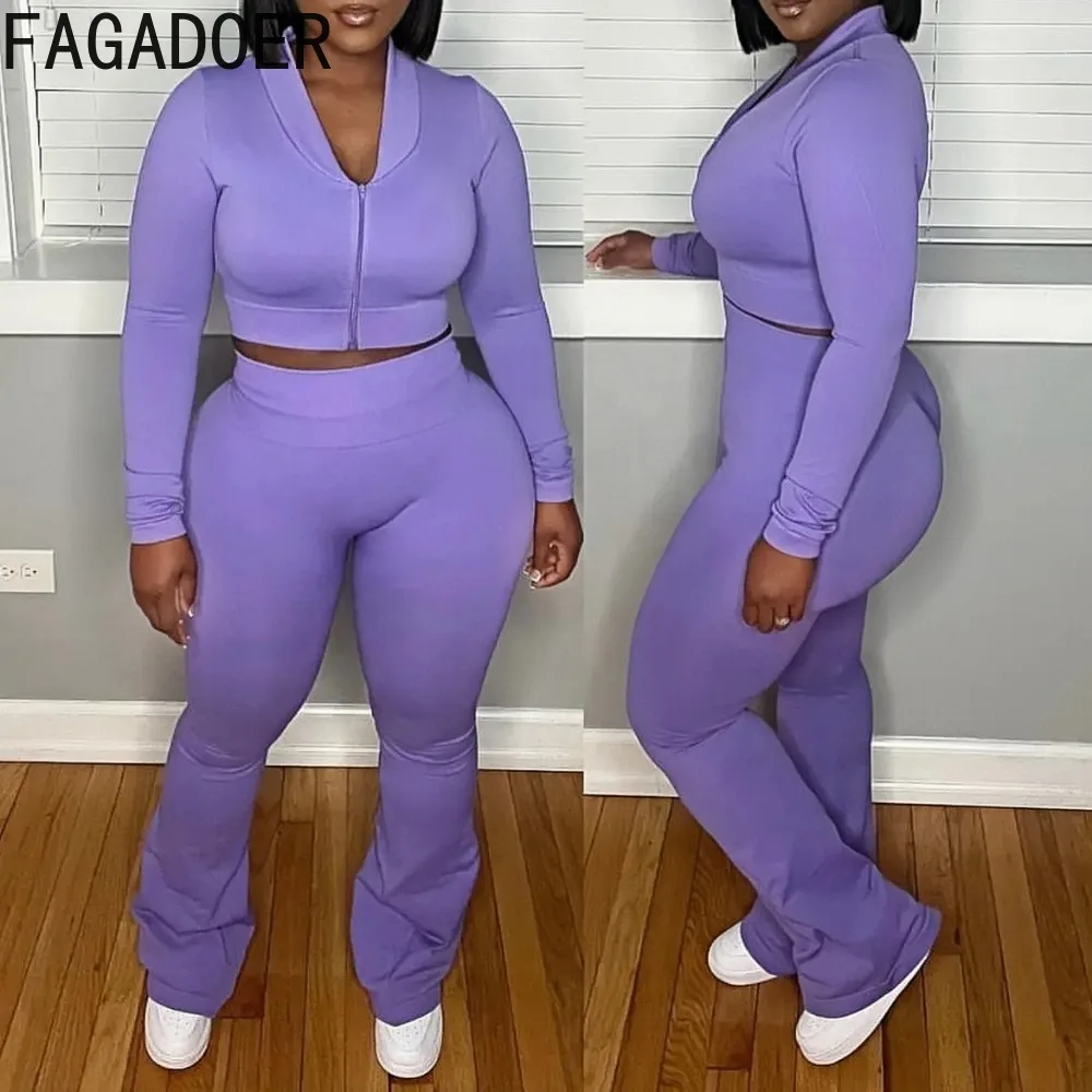 FAGADOER Autumn New Quality 2 Piece Sets Outfit Women Long Sleeve Zip Crop Top + High Waist Flare Pants Suit Sporty Streetwear