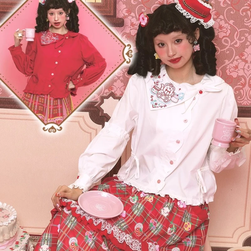 2025 Spring Summer Red Women's Top Original Design Embroidery White Slanted Collar Bow Retro Loose Versatile Thin Shirts Ladies