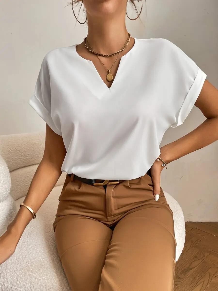 

White V-Neck Batwing Sleeve Loose Blouse for Women