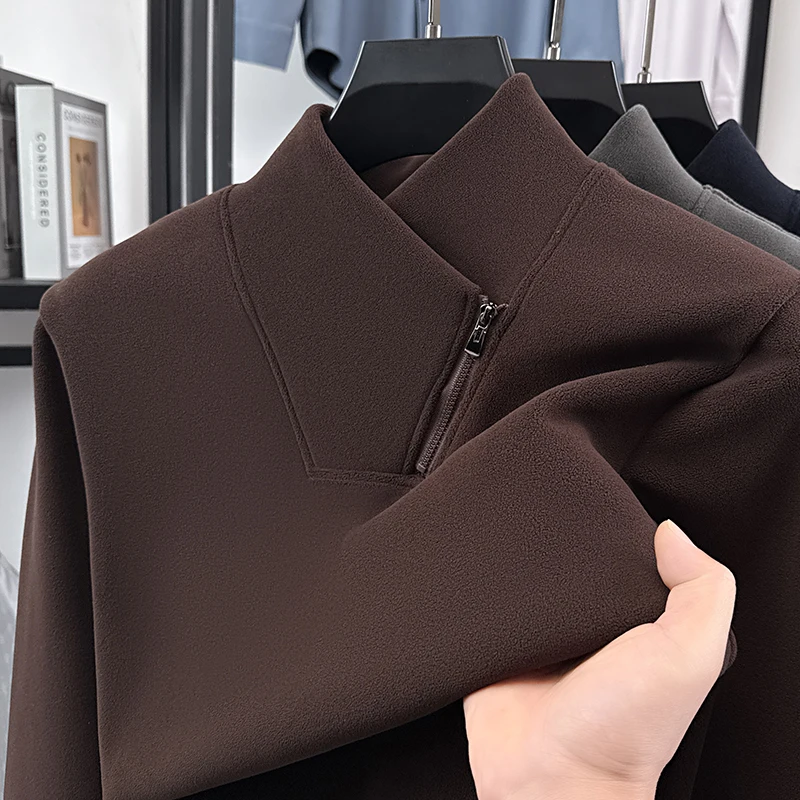 High-End Hot Man Long-Sleeved T-Shirt Half-Zip Fleece-Lined Thickened Warm Spring New Pullover Casual Fashion Trend MensClothing