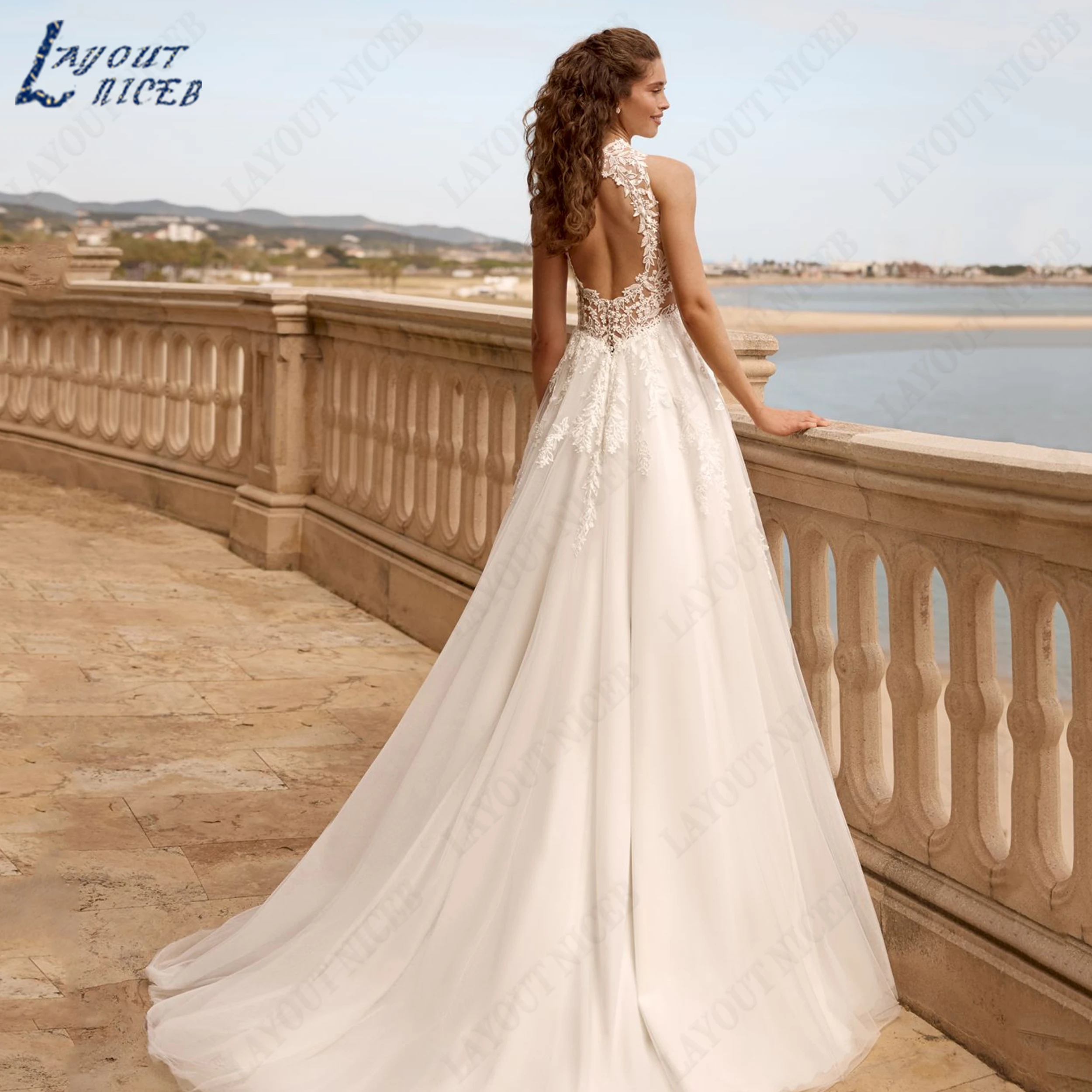 LAYOUT NICEB Customized Halter Lace Wedding Dress For Women High Side Split Tulle Bridal Gown Backless A Line Bride Dresses