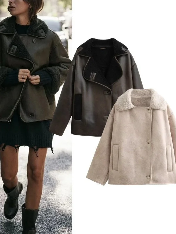 معطف شتوي نسائي من جلد الفرو على الوجهين معطف شتوي دافئ وفضفاض مناسب للتنقل طويل Sve بياقة مقلوبة #1