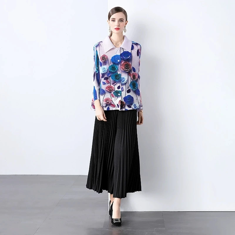 Gorgeous 3D Rose Flower Printed Miyake Pleated Shirts Women O-Neck Batwing Sleeve Fashion All-match Casual Loose Chiffon Tops