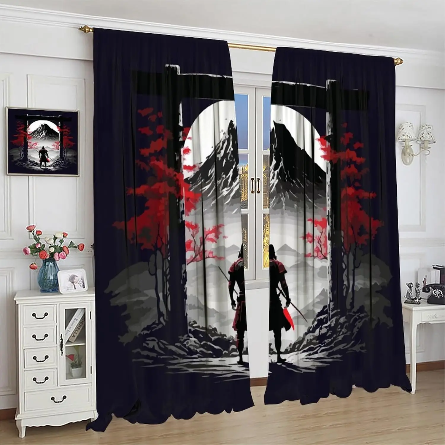 Japanese Anime Samurai Windows Curtains Asian Samurai Red Leaves Rod Pocket Window Treatment for Living Room Bedroom Home Decor