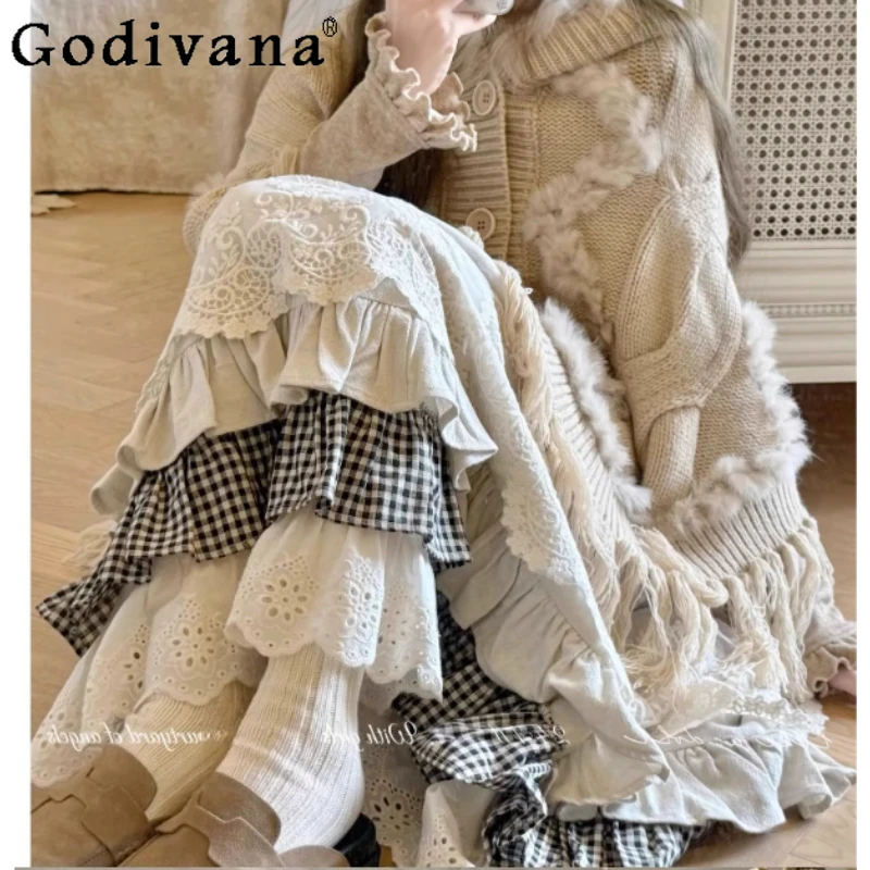 

Spring Autumn Sweet Lace Plaid Medium and Long Fairy Skirt Fashion Versatile Japanese High Waist Fashion A-line Lolita Skirts
