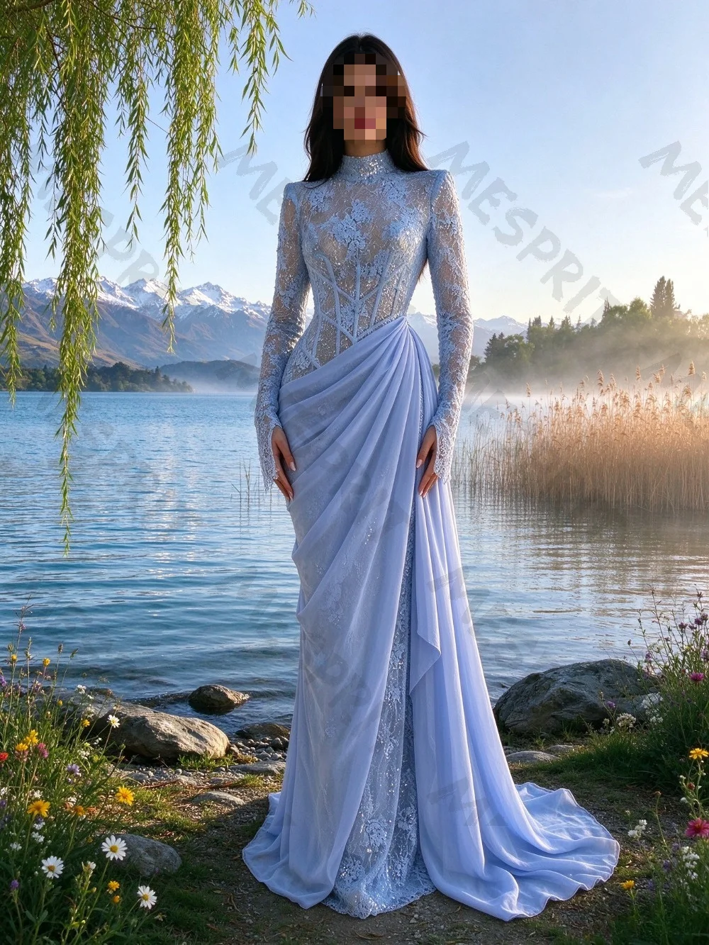 Customized High Neck Transparent Sexy Lace Long Sleeved Evening Dresses 2026 Slim Fit Pendant Dance Gown Suitable for Parties