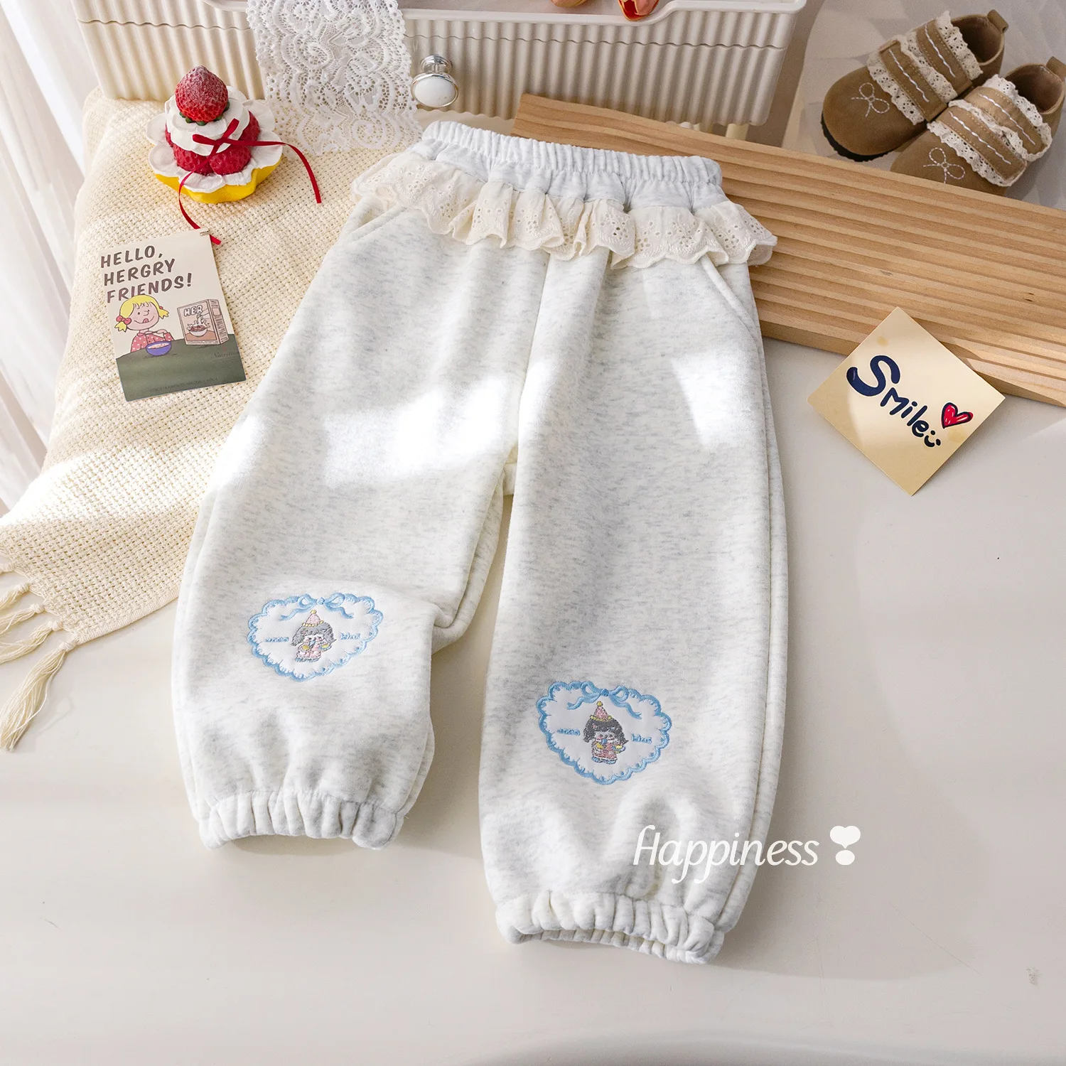 

Children Girl Pant New Winter Cartoon Embroidery Thicken Warm Kids Baby Girls Trouser Casual Lace Toddler Girls Fleece Sweatpant