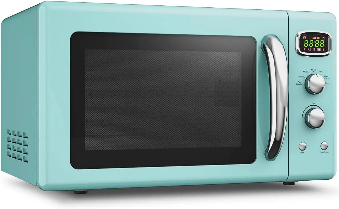Retro 0.9-Cubic-Foot 900-Watt Countertop Microwave Oven with 5 Power Levels, Defrost and Auto Cooking, LED Display, Pull Handle,