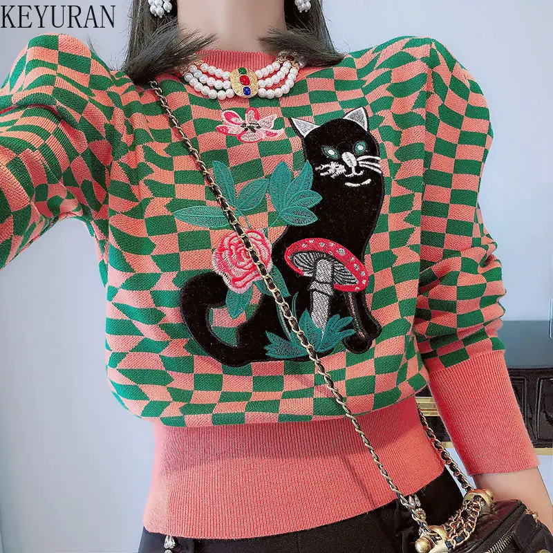 Vintage Cartoon Cat Embroidery Sweater Women\'s Pullover Autumn Winter Puff Sleeve Plaid Kawaii Sweaters Jumper Knitwear Crop Top