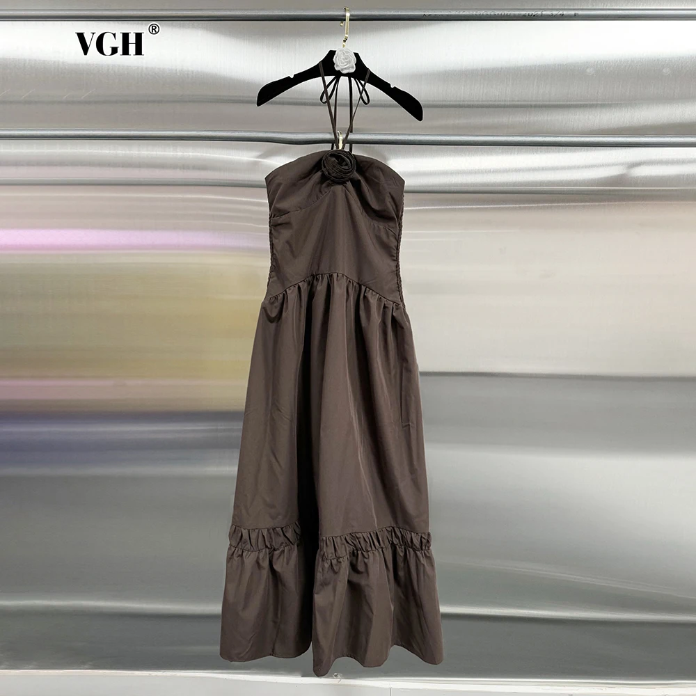 

VGH Solid Spliced Appliques Casual Dresses For Women Halter Sleeveless Backless High Waist Patchwork Lace Up Long Dress Female