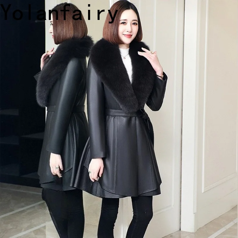 YOLANFAIRY Real Sheepskin Coats Woman Detachable Fox Fur Collar Down Liner Mid Length Coat Fashionable Slim Jacket Manteau Femme