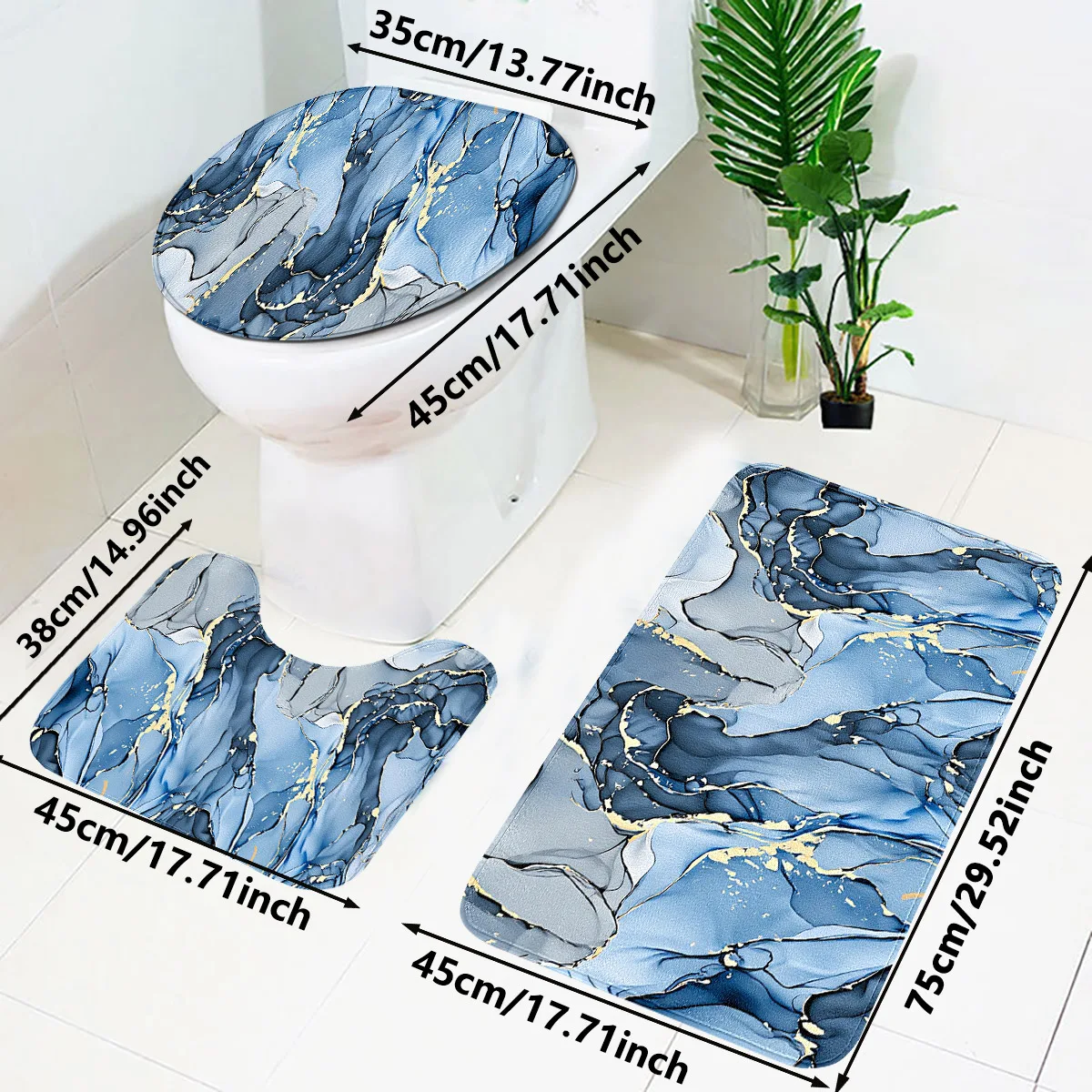 Blaues & Goldenes Marmor-Design Badezimmer 3-Teiliges Set, Luxuriöser Wasserdichter Rutschfester Toilettensitzbezug + U-förmige Matte + Badteppich-Set